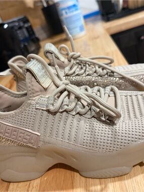Maxima Beige Knit Lace-Up Women's Sneaker with Sparkle Trim